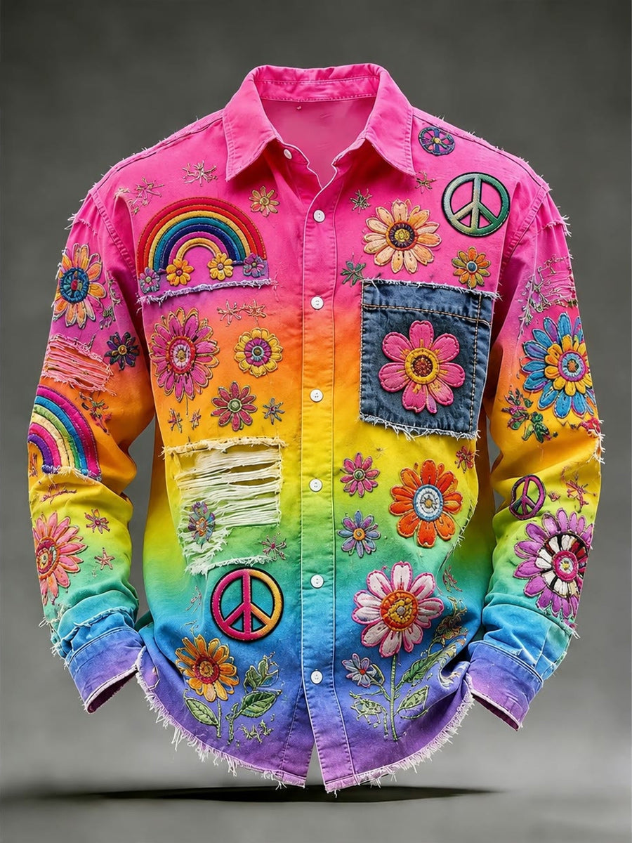 Retro Pride Month Rainbow Art Print Cotton Vintage Casual Cotton Long Sleeve Shirt